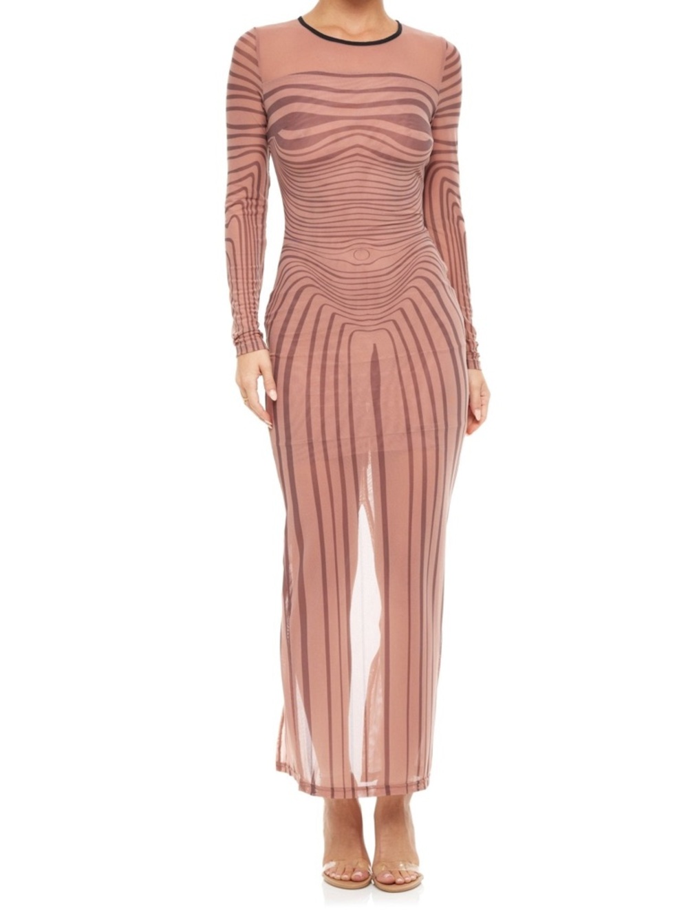 Long Sleeve Sheer Stripe Maxi Dress in Dusty Rose - Picture 3 of 4